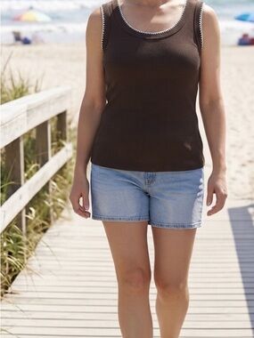 Philosophy Brown Ribbed Tank with White Trim